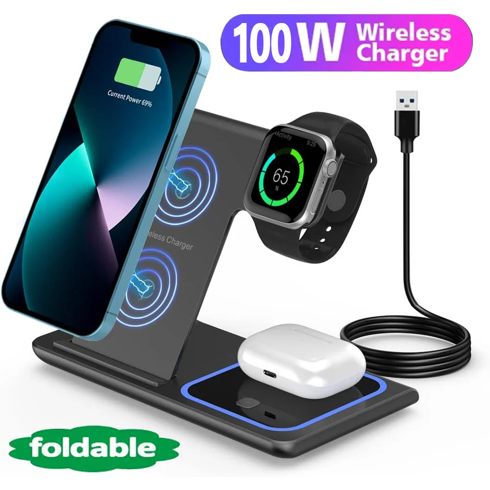 40W 3 in 1 LED Fast Wireless Charger Stand Foldable Charging Station For iPhone 15 14 13 12 11Apple Watch 9 8 7 6 5 Airpods Pro